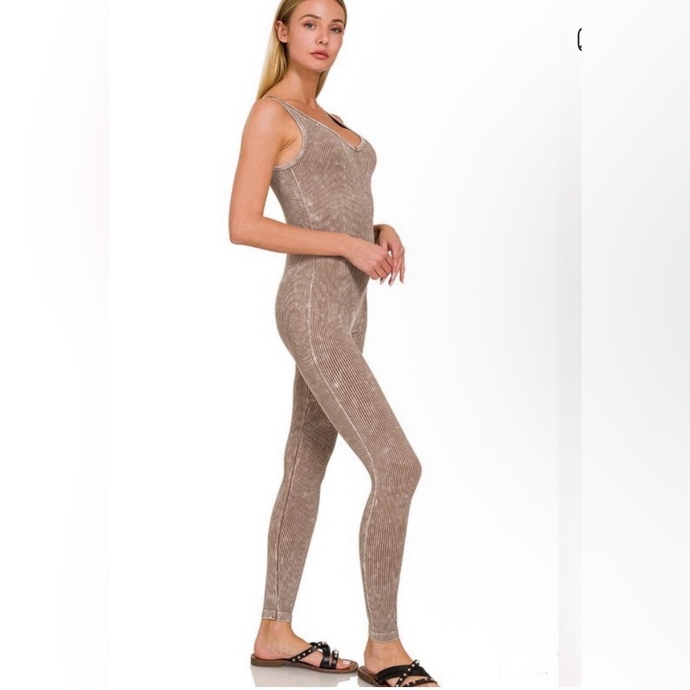 Zenana Women's Washed Ribbed Jumpsuit | Mocha - S/M